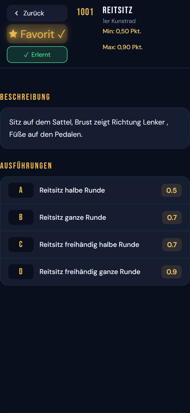 Detailansicht einer Übung mit Beschreibung und Ausführungen